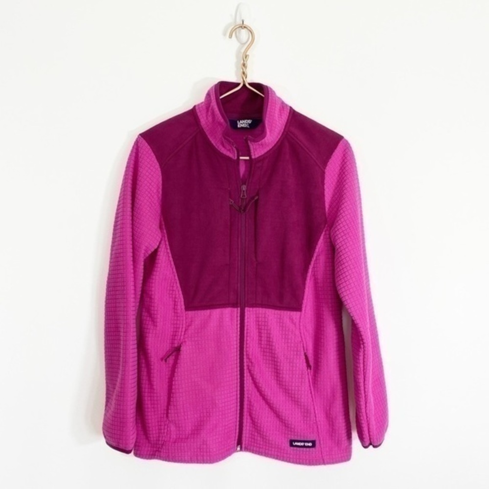 Lands End Small Pink Grid‎ Waffle Fleece Full Zip Jackef